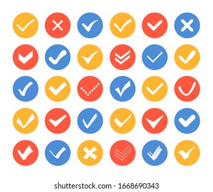 Check and cross marks icons - set of web elements. Different white buttons in circular frames showing task performance, approval, agreement. Stop, forbidden signs. Voting, exam, correct answer theme