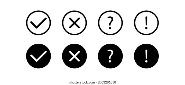 Check and cross marks vector icons set. Exclamation and question mark line art icons. Quiz. YES or NO symbol