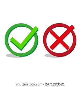 Vektorsymbole überprüfen und mit Kreuzen versehen. Korrekte und falsche Symbole. Grafiken für die Entscheidungsfindung in Vektorgrafiken.
