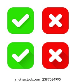 Comprobar y cruzar en cuadrado redondeado. Marca de verificación y símbolo x con sombra