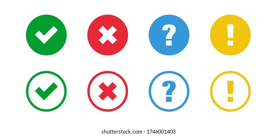 Check and cross, question mark and exclamation point. Web icon set modern vector illustration.