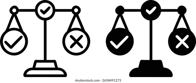Check and Cross Scale Icon Set – Black and White Balance Symbol for Decision, Justice, and Evaluation