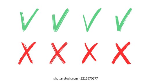 Check and Cross sign elements. Vector buttons for vote, election choice, tick marks, approval signs design. Red X and green OK symbol icons brush texture