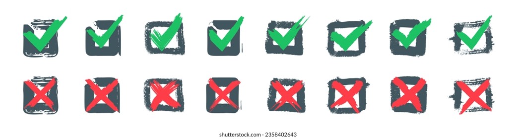 Check and cross symbol in grunge ink brushes. Yes or no symbol collection. Green check and red cross icon collection