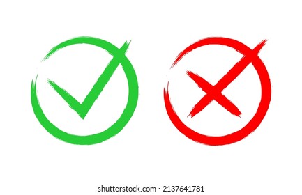 Check and cross vintage buttons. Red and green round icons. Vector clipart isolated on white background.