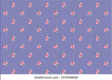 Check dark blue with pink hibuscus flower pattern, for textile, wallpaper