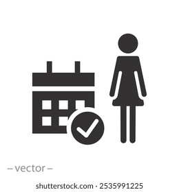 verificar programação de dia, período de calendário feminino, ícone, ciclo de data e hora, ilustração de vetor plana