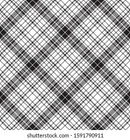 Check diagonal texture plaid black white seamless pattern. Vector illustration.