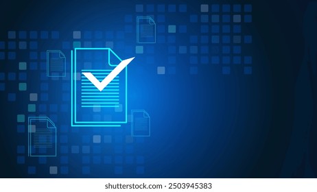 Compruebe los documentos digitales o el Portapapeles con la lista de comprobación en el fondo azul. negocio del Vector