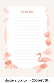 Check, to do list and planner template. Floral illustration with flamingo, leaves and flowers. Empty space with lines. Agenda, schedule, notebooks, cards, beautiful pink stationery design.
