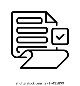 Compruebe el icono de línea de documento, el símbolo de esquema para la Aprobación de contratos, la validación de archivos, el papeleo verificado, el informe certificado y la firma de Acuerdo. Icono de signo de Vector.