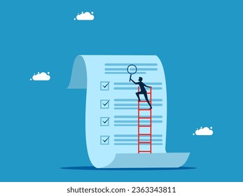 Check the documents. Businessman holding a magnifying glass climbing stairs on report paper