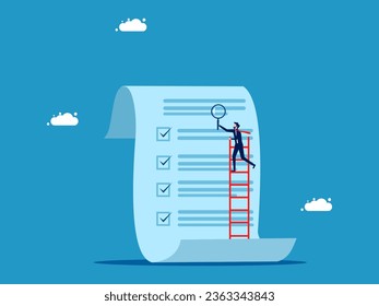 Check the documents. Businessman holding a magnifying glass climbing stairs on report paper 