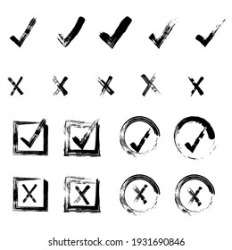 Check the drawn check mark, the check mark and cross icons, the check mark OK and X icons, YES and NO characters, chalk icons chalk, sketches, checklist tags. Vector illustration
