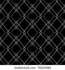 Check embroidery black and white geometric seamless pattern. Abstract vector vackground with grunge line art tracery checkered ornament in tribal memphis style. Tapestry striped texture. Modern design