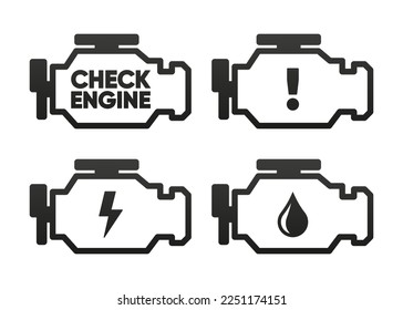 Compruebe la colección de iconos del coche del motor. Interfaz del panel de control del automóvil. Ilustración vectorial.