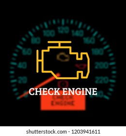 Check Engine Light On Defocused Dashboard Background. Vector Illustration