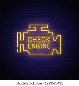 Check Engine neon sign, bright signboard, light banner. Check Engine icon, logo, emblem. Vector illustration