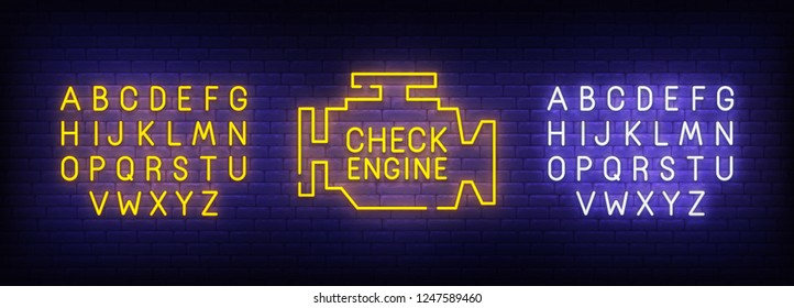Check Engine neon sign, bright signboard, light banner. Car service logo. Neon sign creator. Neon text edit. Vector illustration