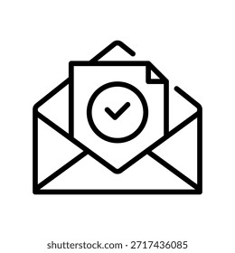 Ícone Verificar Linha Aberta do Envelope, Símbolo de Estrutura de Tópicos para Carta Lida, Email Confirmado, Convite Aceito, Comunicação Recebida e Postagem Verificada. Ícone de sinal vetorial.