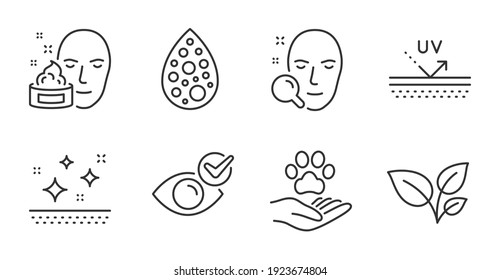 Check eye, Clean skin and Artificial colors line icons set. Face cream, Uv protection and Face search signs. Pets care, Leaves symbols. Vision, Natural flavor, Gel. Healthcare set. Vector