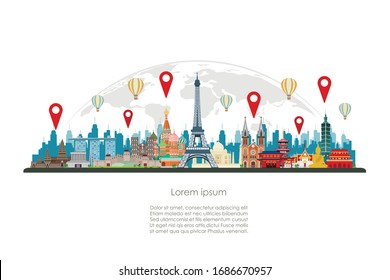 check in famous world landmarks on the globe. Vector illustration