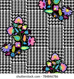 Check Fashion Seamless Pattern with Embroidery Flowers