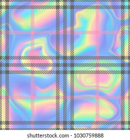 Check fashion tweed gray and rainbow multicolor seamless pattern for fashion textile prints. Holographic repeat wallpaper, wrapping, fabric imitation and backgrounds.