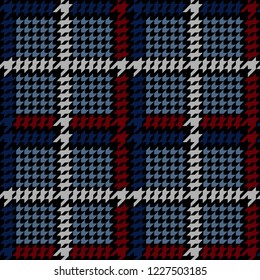 Check fashion tweed maroon, blue and black seamless pattern. Repeat background with houndstooth for fashion textile prints, wallpaper, wrapping, fabric imitation.