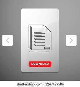 Check, filing, list, listing, registration Line Icon in Carousal Pagination Slider Design & Red Download Button