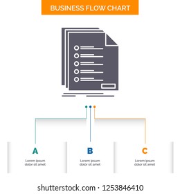 Check, filing, list, listing, registration Business Flow Chart Design with 3 Steps. Glyph Icon For Presentation Background Template Place for text.