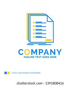 Check, filing, list, listing, registration Blue Yellow Business Logo template. Creative Design Template Place for Tagline.