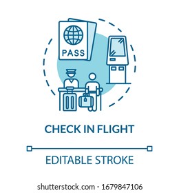 Check in flight concept icon. Passengers passport control and boarding idea thin line illustration. Airport terminal security. Ticket check. Vector isolated outline RGB color drawing. Editable stroke