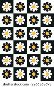 Scheck und floraler Hintergrund. Psychedelisches Muster der 70er Jahre. Vektorgrafik.