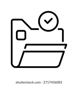 Compruebe el icono de línea de carpeta, el símbolo de esquema para los datos organizados, el archivo completado, el proyecto terminado, el Archivar ordenado y el directorio válido. Icono de signo de Vector.