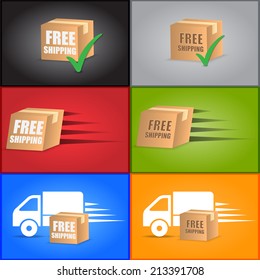 Check and Free Shipping Icons on Package Boxes. Package Boxes Flying.  Free Shipping Trucks Icons, Free Shipping Icon on Color Background.