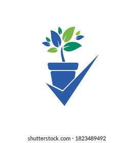 Überprüfen Sie das Design des Vektorlogos im Garten. Häkchen und Blumenkrug Symbol.