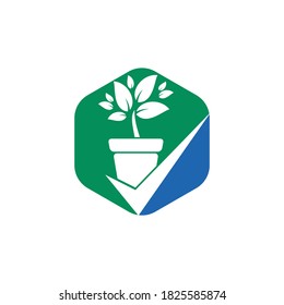 Check garden vector logo design. Check and flower pot icon.