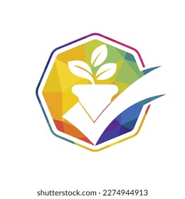 Compruebe el diseño del logotipo vectorial del jardín. Icono de la barra de flor y verificación.