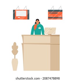 Check in or gate desk with flight attendant in unifrom. Vector illustration