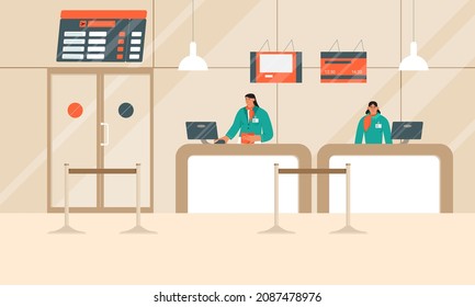 Check-in oder Gate-Schalter mit Flugbegleitern und Abflugtisch. Vektorgrafik
