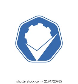 Überprüfen Sie das Design des Symbols für das Logo des Zahngeräts. Tick cog Logo Symbol Vektorgrafik.	