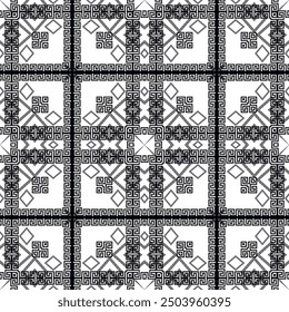 Compruebe el patrón inconsútil geométrico abstracto del Vector griego. Fondo ornamental aislado blanco y negro. Ornamentos de geometría con clave griega a cuadros serpentean Formas, líneas, cuadrados, rombos y rayas