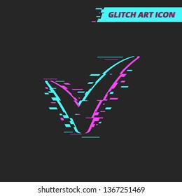 Check Glitch Art Vector Icon on Black Background. Checkmark Flat Accept Sign.