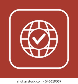 Check in globe icon. Flat design.