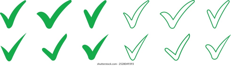 Marque os ícones de marca verde. Conjunto de ícones de verificação ou marcação para design. Verificar símbolo isolado. verificado, aprovado, certificado, aceito e sinal de validação. 