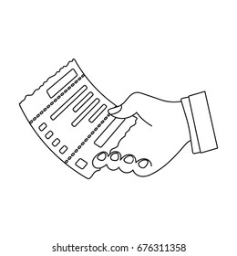 Check in hand. E-commerce single icon in outline style vector symbol stock illustration web.