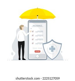 Check health insurance claim online on smartphone, Digital marketing illustration.