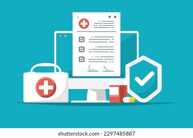 Check up health insurance online, Computer with paper document, medical bag, drug on isolated background, Digital marketing illustration.