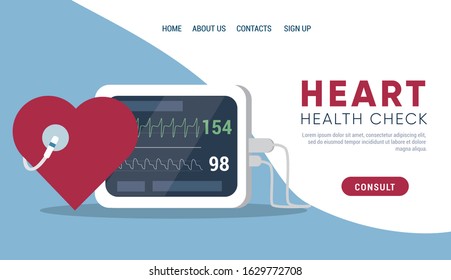 Check heart beating with ECG template for website, landing page. Heart rate monitor. Medical electronics. Flat vector illustration.

